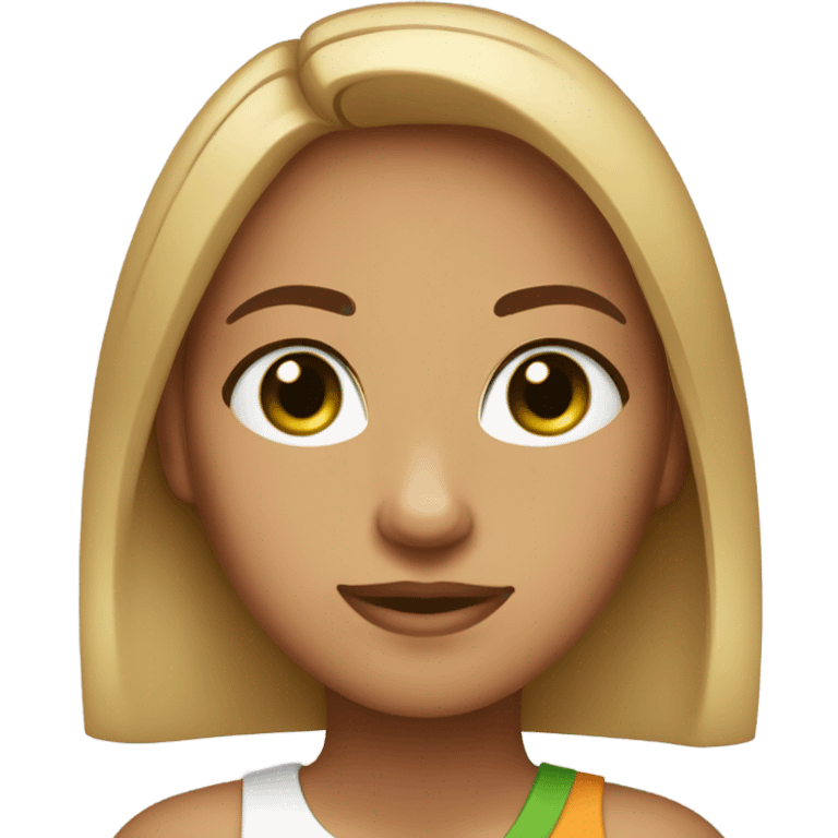 round face, light skin but with a slight tan, green eyes, thick black eyelashes, small nose, medium-length hair, hair color russet.  emoji