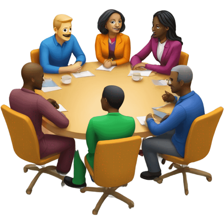 group discussion at a table colourful chairs emoji