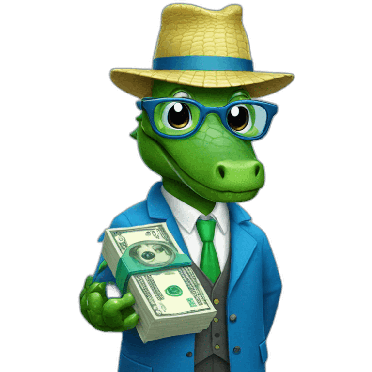 Professor crocodile wearing blue with dollars cash emoji