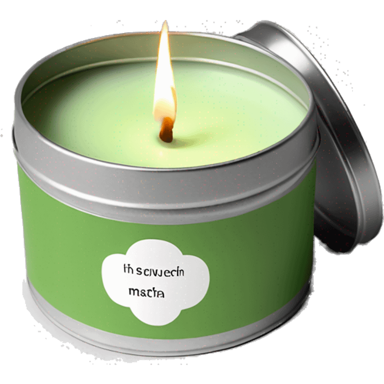 minimal matcha scented lit candle in small silver tin with realistic label emoji