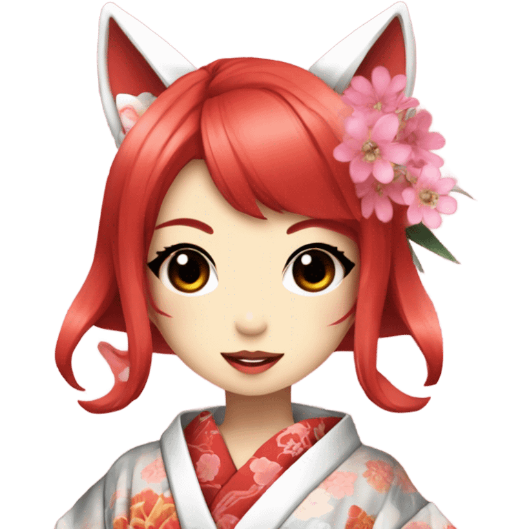 hime gyaru girl, kimono, red hair, kitsune mask emoji