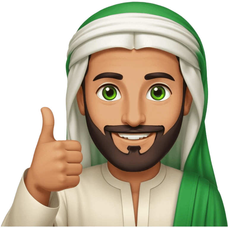 Tanned Arab Saudi man with green eyes and a beard, wearing traditional attire, smiling and giving a big thumbs-up emoji