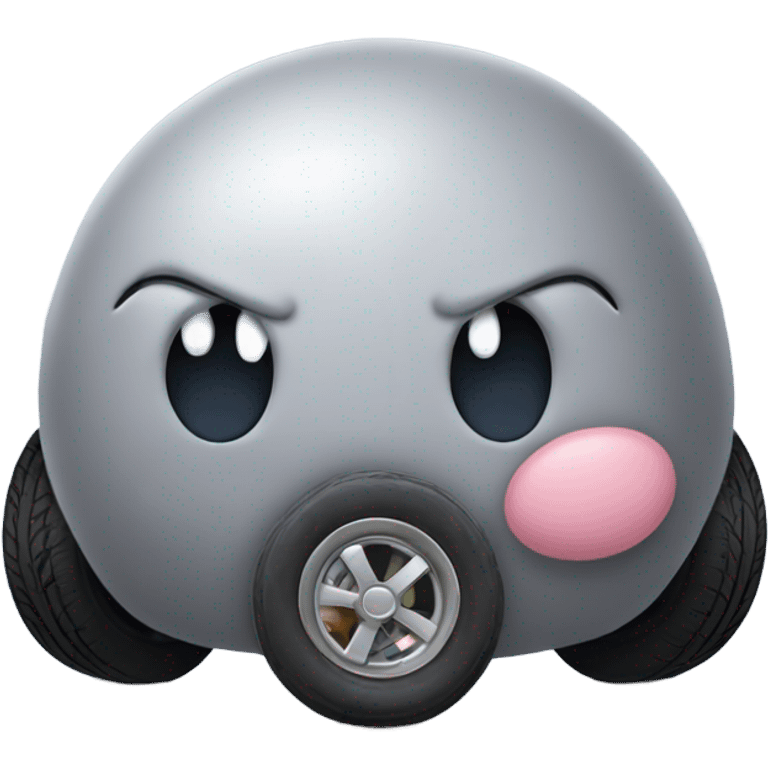 Metal cute mad Kirby Gray ball driving on car wheels with mad eyebrows game emoji