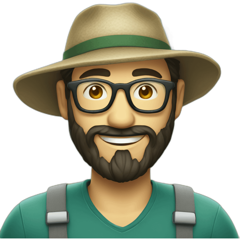 happy smile gardener face long dark beard and very short dark hair with little transparent glasses and a hat emoji