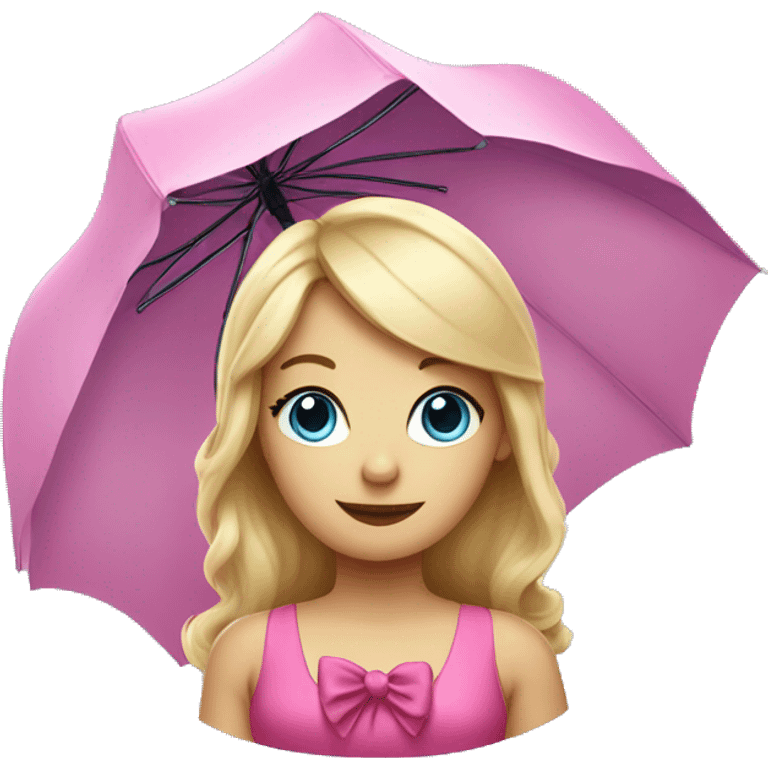 Blond haired lady with an pink umbrella and a Blue dress with a pink bow Tie around her middle emoji