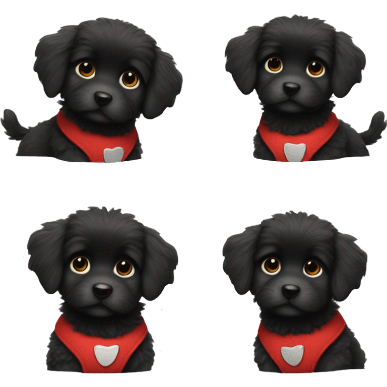 small completely black fluffy puppy wearing red vest emoji