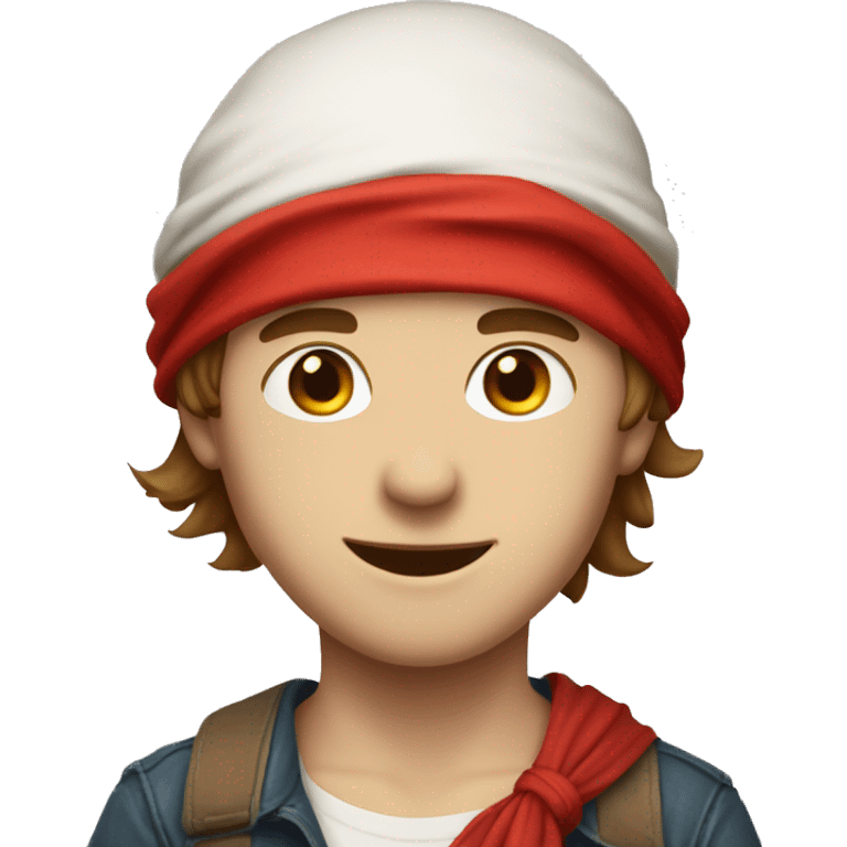 white skin, boy with a red bandana tied to his head, brown hair, smiling emoji