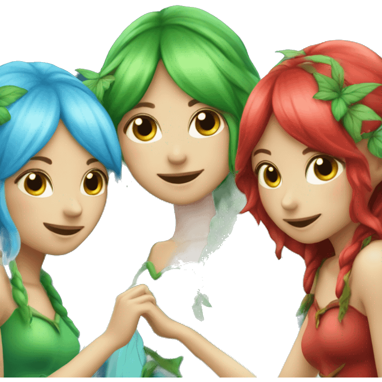 Three fairies blue green and red emoji