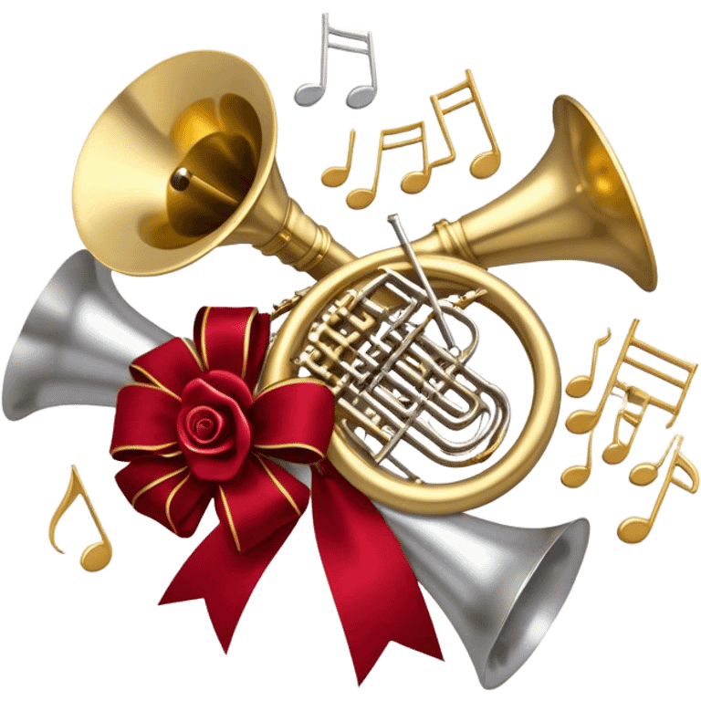 Create a festive and elegant emoji collage featuring a bouquet or fan of brass instrument bells (trumpets, saxophones, trombones, etc.) arranged in a radiant, symmetrical pattern. The instruments should have polished, golden and silver finishes, with their large, shiny bells forming a beautiful, fan-like display. Include a flowing ribbon of musical notes swirling through the center, conveying movement and melody. The background should feature a deep red velvet texture, adding a touch of luxury and sophistication. The overall composition should be balanced, with an elegant and regal feel, with a transparent background to keep focus on the instruments and musical elements. emoji