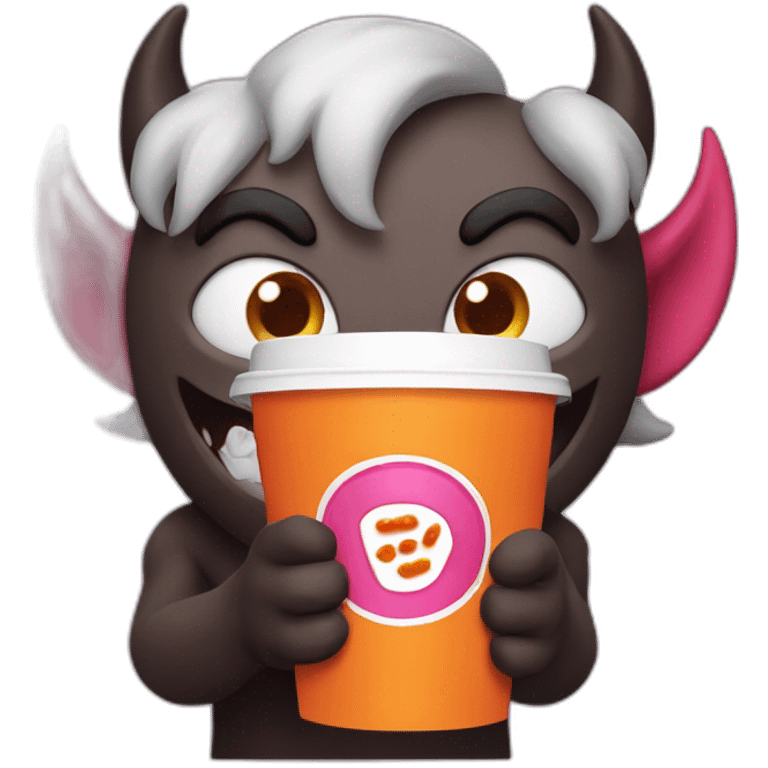 a demon holding a dunkin donuts coffee cup emoji