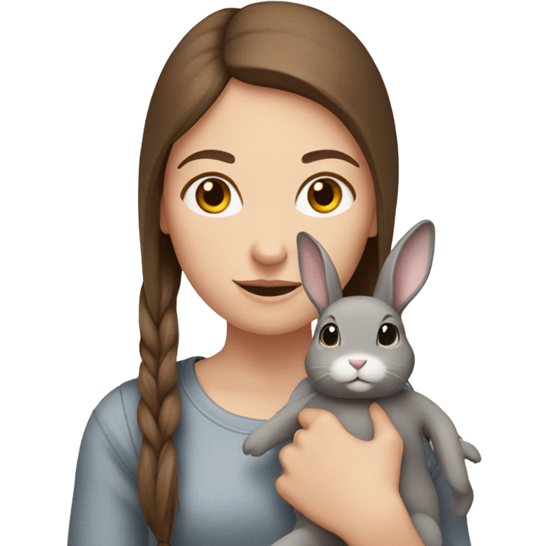 White girl with straight brown hair holding a grey bunny  emoji