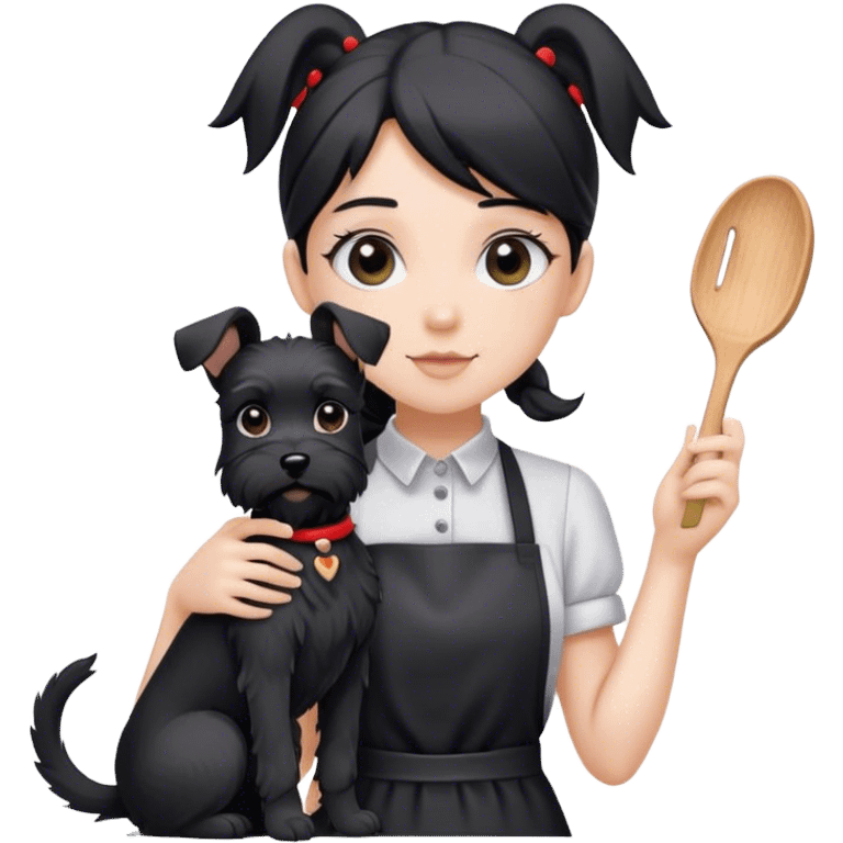 pale girl with long back hair wearing black long shirt wearing apron holding black floppy ear schnauzer emoji