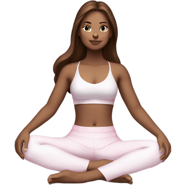 A girl with brown long hair, fair skin and brown eyes is sitting in a lotus position in a white bra top and pink skirts emoji