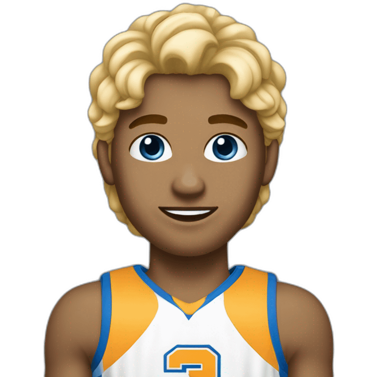 Garçon cheveux long, blond, yeux bleu qui fait du basketball emoji