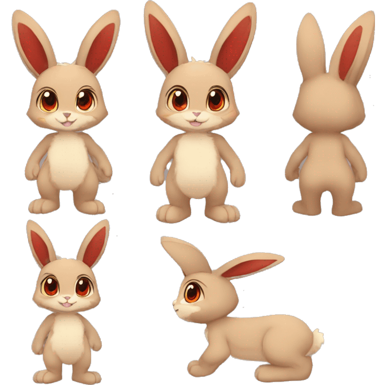 Anthro, Fur-Sona, Dark-Brown, Normal-type-Ground-type Tan-Rabbit-Fakémon with Dark-Red eyes, beige ears, beige belly, beige paws, beige feet, beige freckles, full body emoji