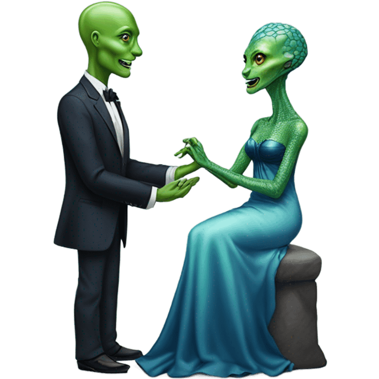 alien reptilian green skin woman, in long slim pastel blue formal party satin dress with gradient shiny sparkling navy blue diamonds embroidered , and caucasian man in black dres on his knees asks her to marry her emoji