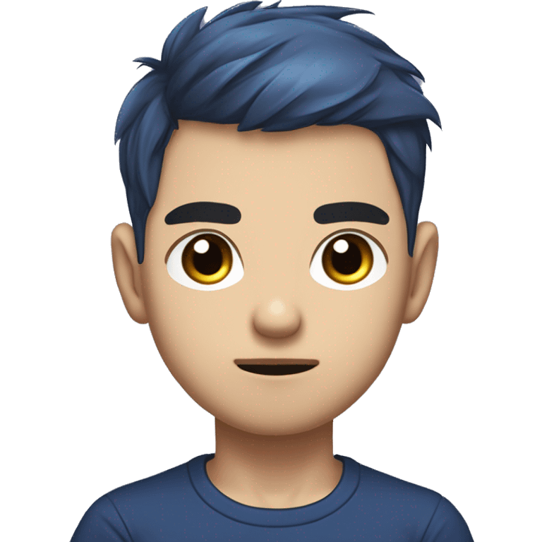 masterpiece,anime,medium shot,illustrated logo,emote for twitch of a boy,chibi,black eyes,wide dark blue t-shirt,high fade haircut,toupee,funny serious face emoji