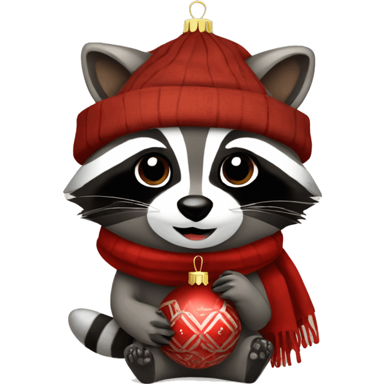 Raccoon with a brown scarf on holding a red ornament  emoji