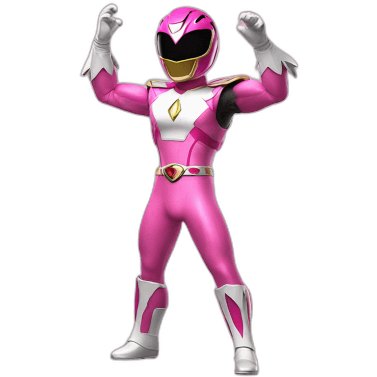 A pink Power Ranger with the arms up gestures don't know emoji