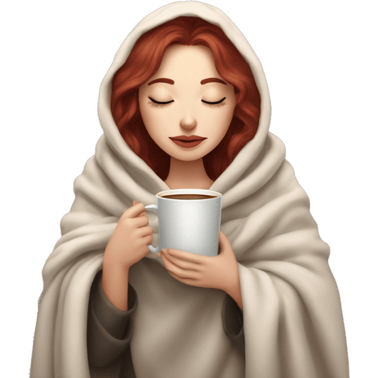 pale burgundy haired girl inside a blanket sipping coffee eyes closed emoji