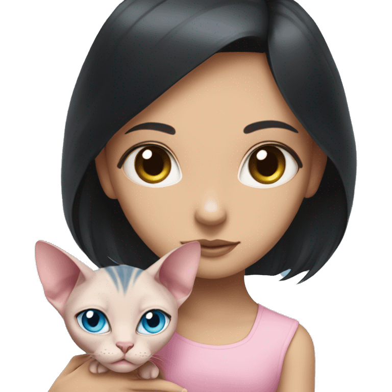 A girl with black hair hugs a pink sphinx cat with blue eyes emoji