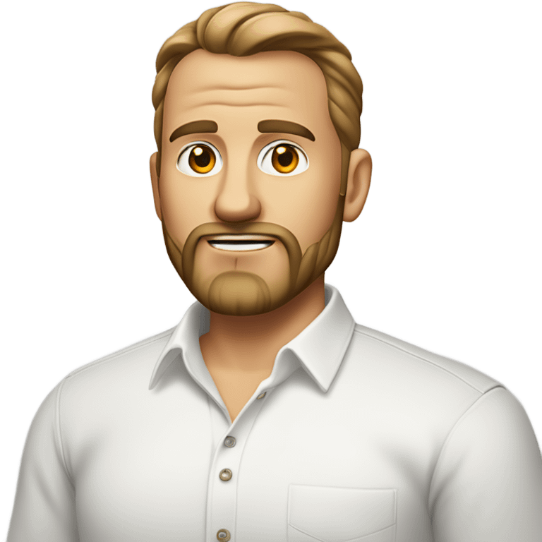 middle aged english man, short slicked back hair dark blonde, dark blonde medium length size full beard, wearing only a plain white smart shirt unbuttoned. emoji