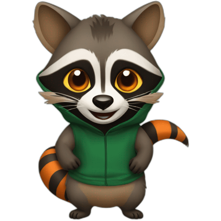 brown raccoon with orange eyes and a dark green hood that is laughing emoji