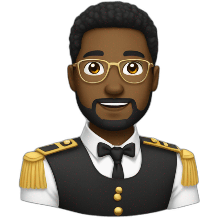 black soldier with beard, part in black hair, white collared shirt, bow tie, gold frame glasses, bulletproof vest  emoji