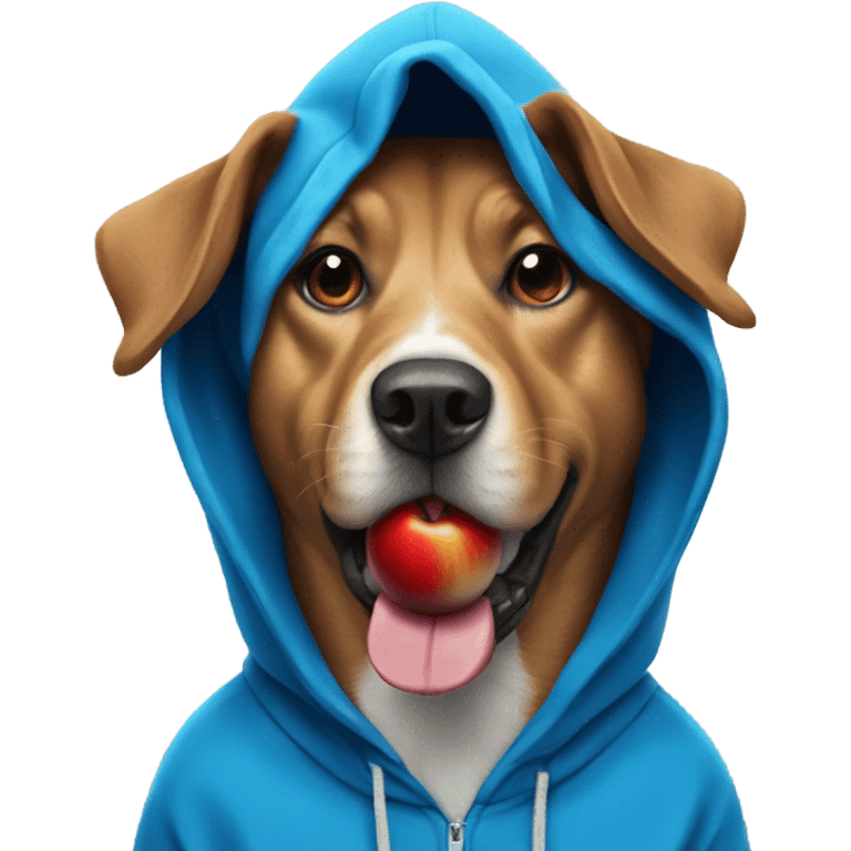 Dog wearing blue hoodie with red apple in mouth  emoji