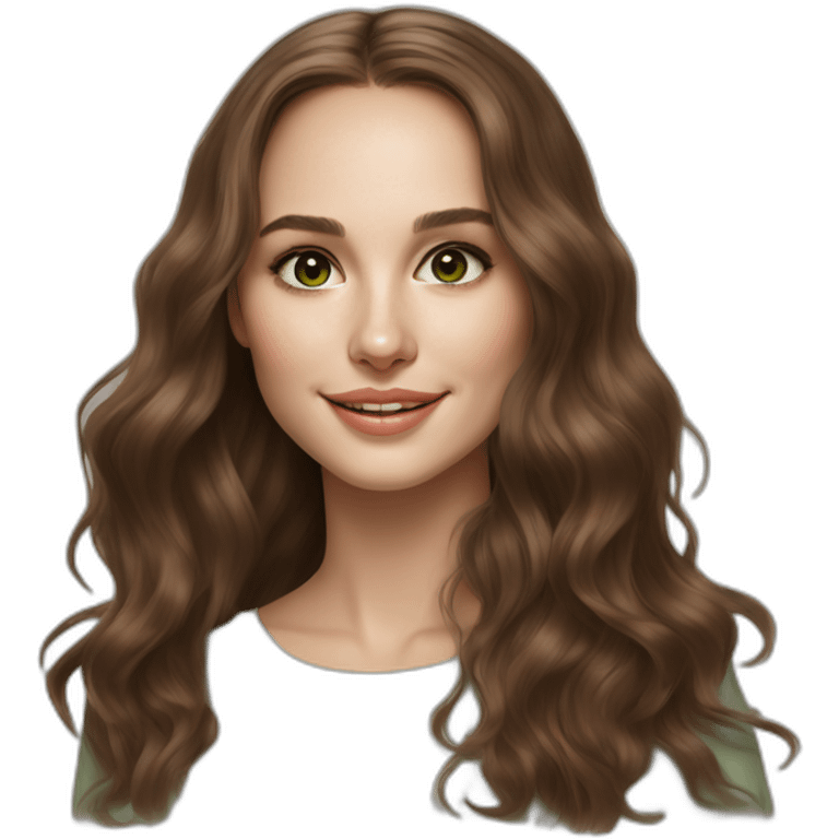 beautiful girl, white, with long loose wavy hair, brown hair, brown green eyes, looks like natalie portman, smiles at the camera,realistic drawing emoji