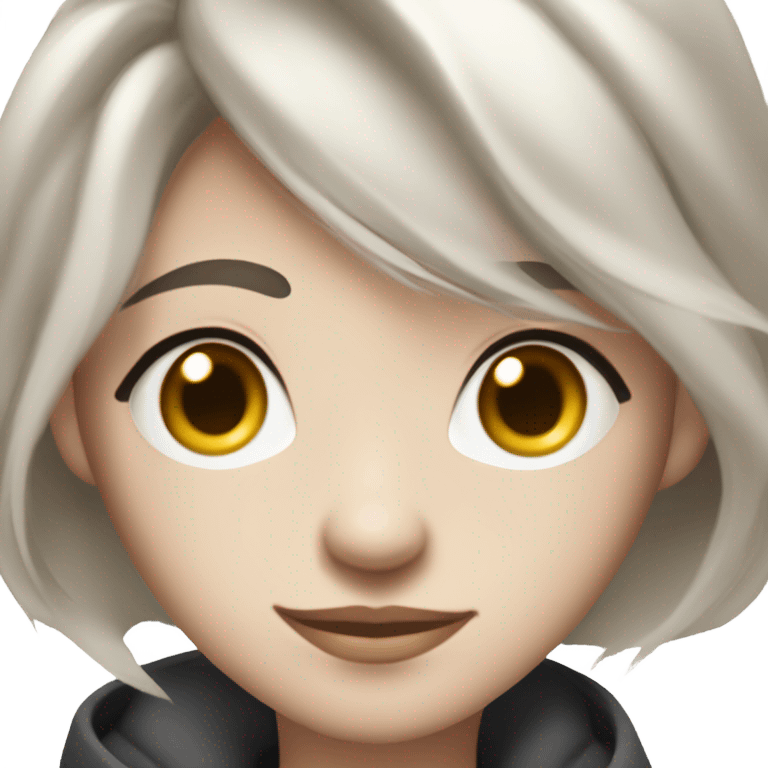 Create an Apple emoji-style digital portrait with a transparent background. The character has a sharp face shape, large almond-shaped eyes with double eyelids, and fair skin. The hairstyle is a short cut with an androgynous look, making it unclear whether the character is male or female. The expression is playful, with a wink and a mischievous smile. The character has small silver hoop earrings and a few subtle ear piercings. Only the face is visible, with no clothing included. emoji