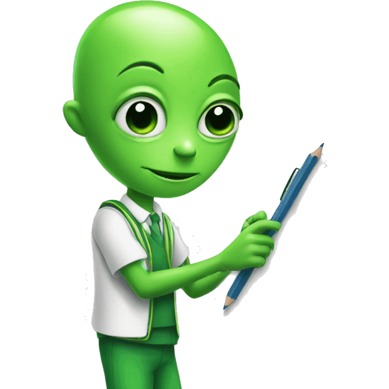 a green alien in school uniform writing on a whiteboard emoji