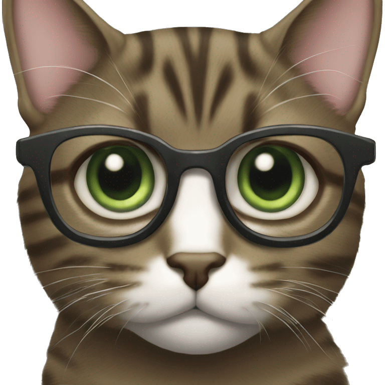 Dark green eyes Dark Brown Tabby cat with eyeglasses on emoji