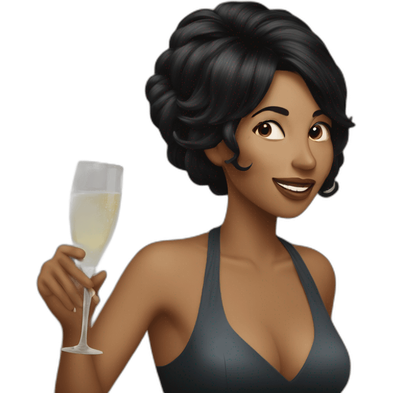 Funny blackhair woman drinks champagne emoji