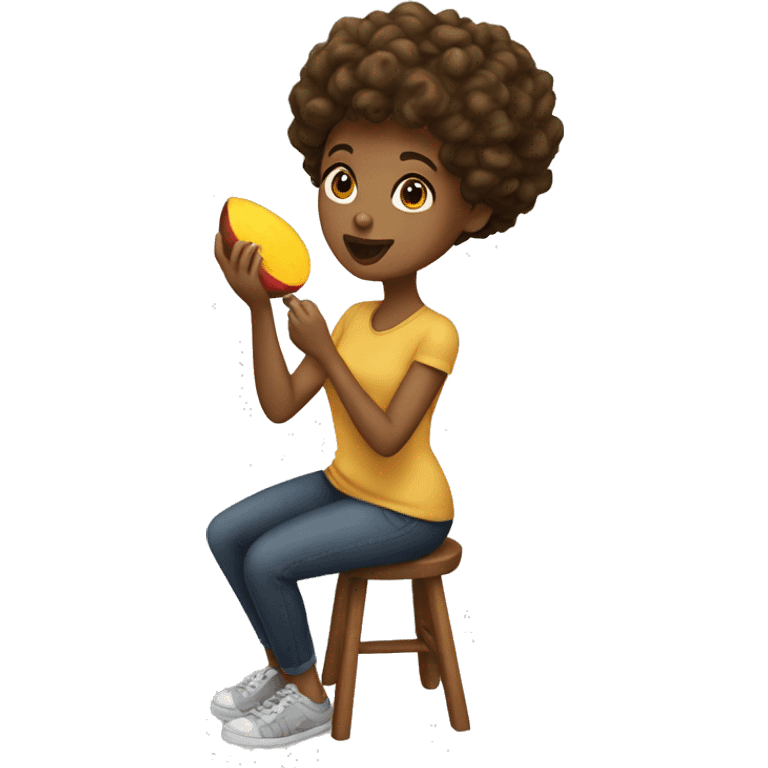 A brown girl with curly short hair eating mango  emoji