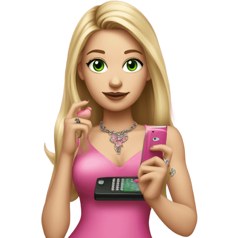 Realistic White girl with Long straight blonde hair, green eyes, tattoos, full body wearing dress and High heels, holding pink phone emoji