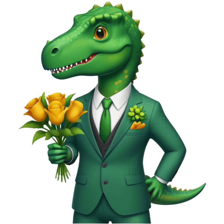 dinosaur in suit holding flowers emoji