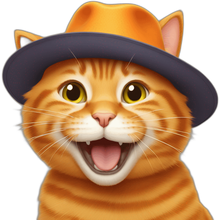 orange cat laughing out loud wearing big hat emoji