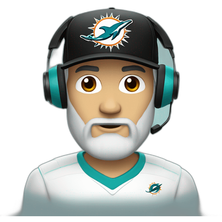 white bearded man wearing a black cap and a headset with a miami dolphins t-shirts emoji