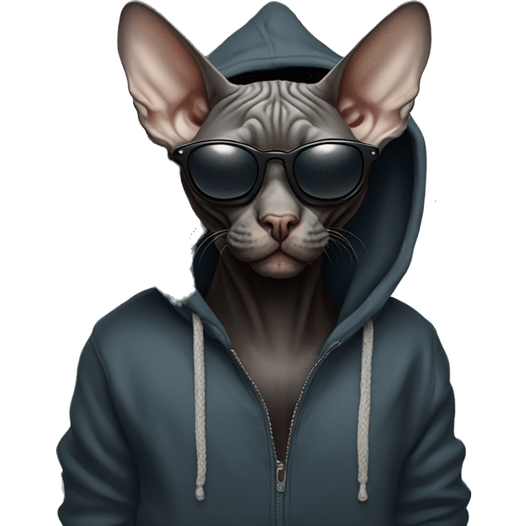 Black Sphynx cat with sunglasses and a hoodie emoji