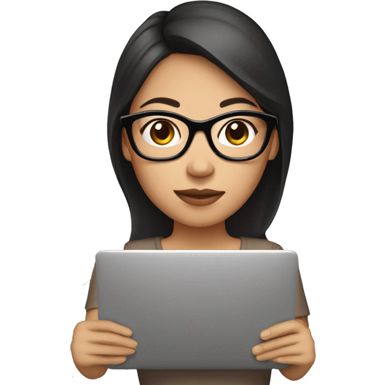 Brunette Asian girl with laptop, coffee, bow, glasses emoji