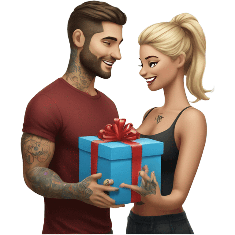 Hyper Realistic beautiful woman receiving a gift from a handsome tattooed man  emoji