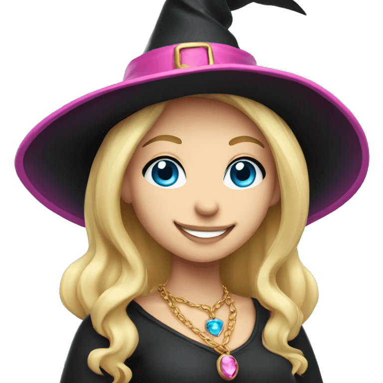 Blonde blue eyed witch smiling, wearing a gold necklace with pink pendant and a black and pink witch hat emoji