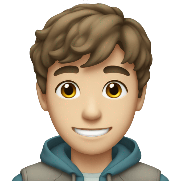 Brown hair teen boy with medium short hair, blue-greenish eyes smiling emoji