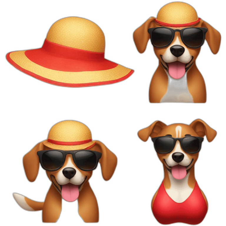 A dog wearing a little red bikini with the sun in the background, on a beach, sunglasses, sun hat, in the style of an Apple Memoji  emoji