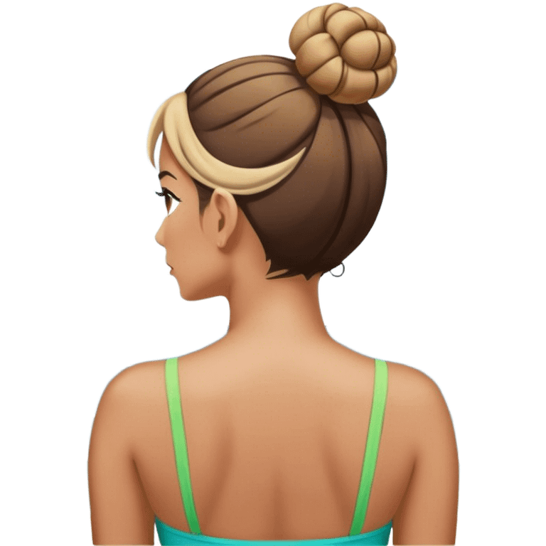 Woman in bathing suit with hair in bun staring at ocean from the back from shoulders up emoji