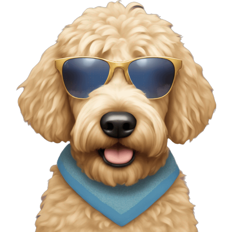 Golden doodle wearing a tye shirt and Lennon shades emoji