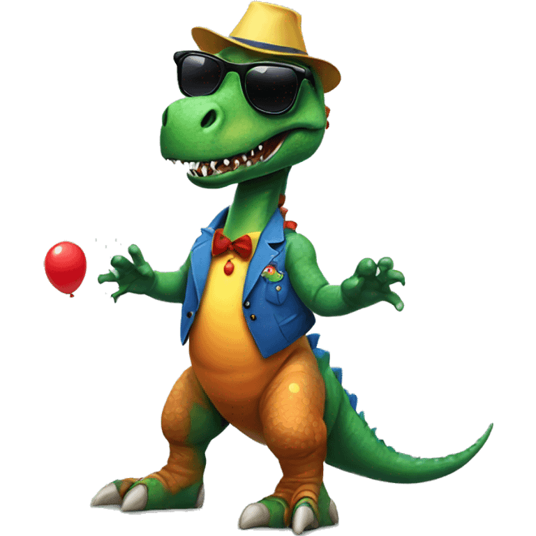 dinosaur with a pair of sunglasses and clown shoes emoji