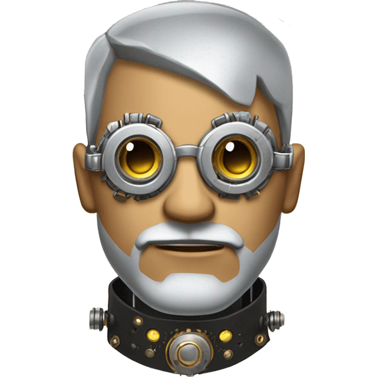 Tan shaved male Latino cyborg head with grey beard, silver steampunk monocle goggles and circuits emoji