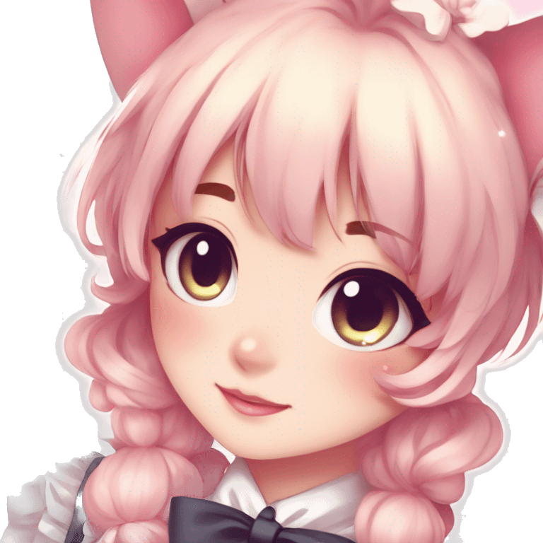 Gorgeous anime style catlady with blushing face with maid outfit bow tie idol model cottagecore shiny colorful pearly petite simplistic aesthetic trending style emoji